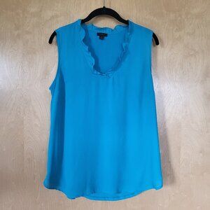 Ann Taylor Ruffle Neck Sleeveless Blouse Blue Print Size M